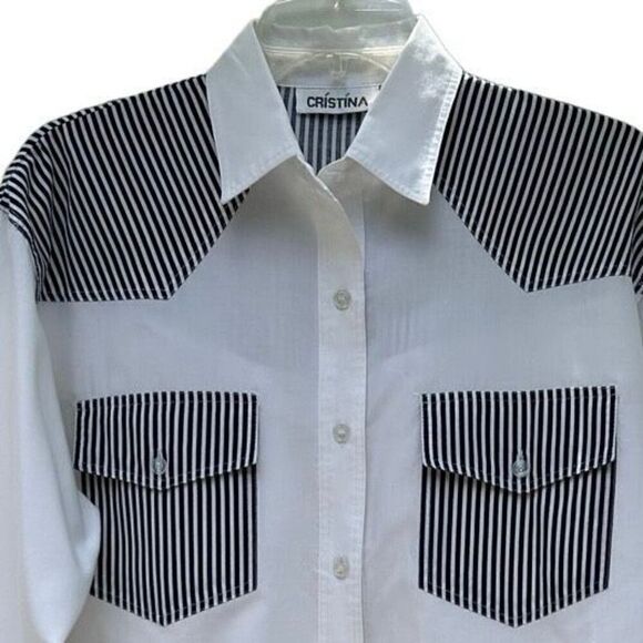 Cristina Button-Up Shirt Women's Small Blue & White Long Sleeve Striped Trim - Picture 2 of 10